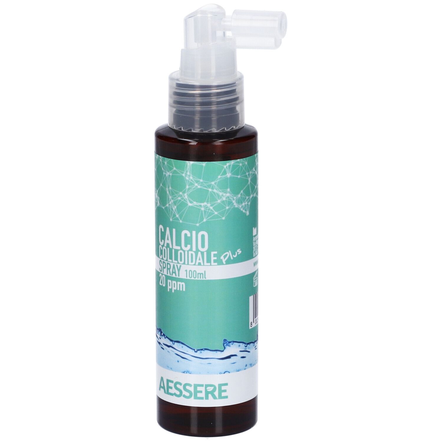 Flacone spray marrone. Scritta: CALCIO COLLOIDALE plus SPRAY 20 ppm. Marchio AESSERE. Elementi verde-blu. Erogatore bianco.