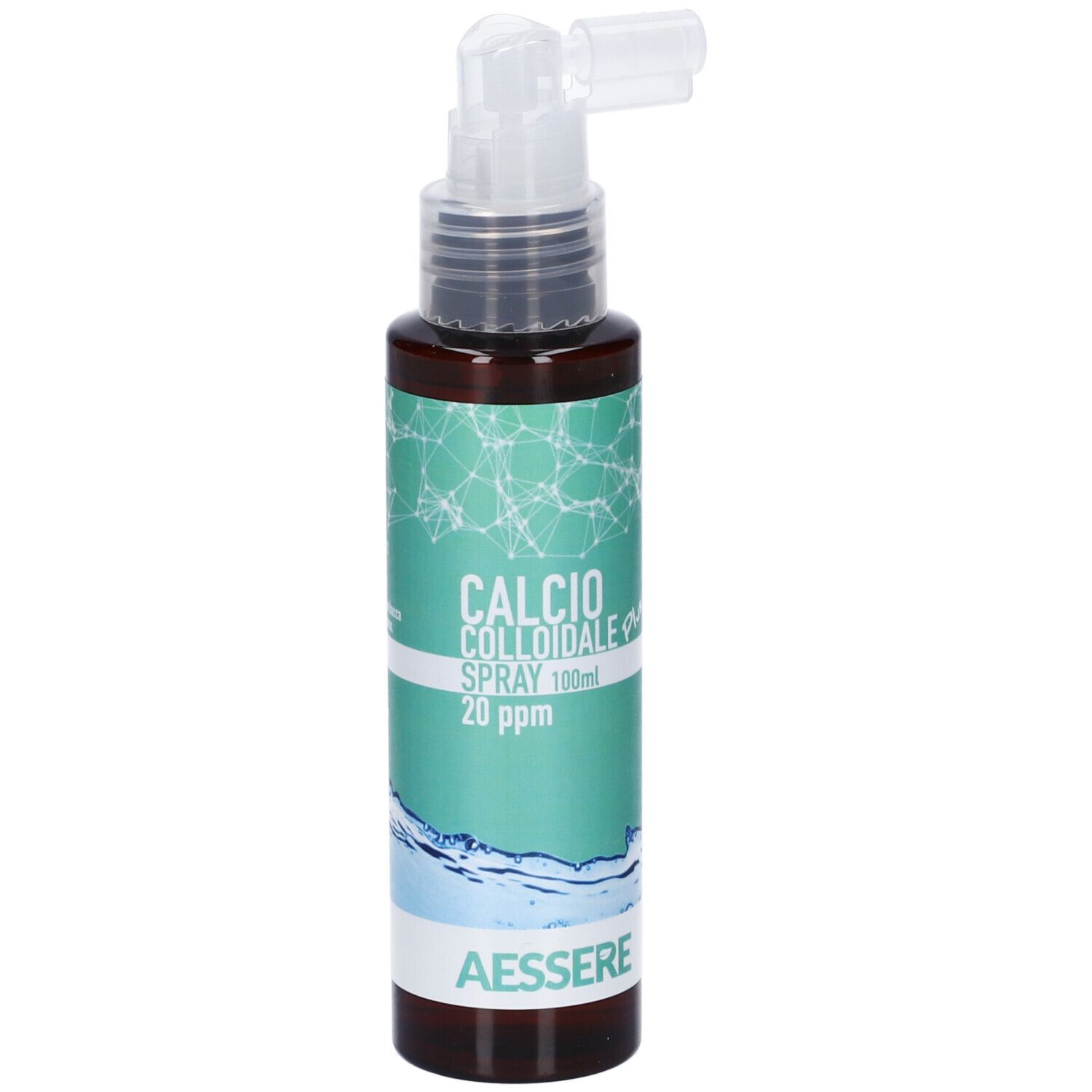Flacone spray marrone. Scritta: CALCIO COLLOIDALE plus SPRAY 20 ppm. Marchio AESSERE. Elementi verde-blu. Erogatore bianco.