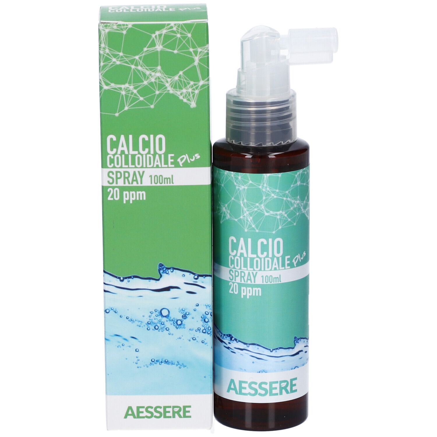 Flacone spray marrone e confezione. Scritta: CALCIO COLLOIDALE plus SPRAY 20 ppm. Marchio AESSERE. Elementi verde-blu.