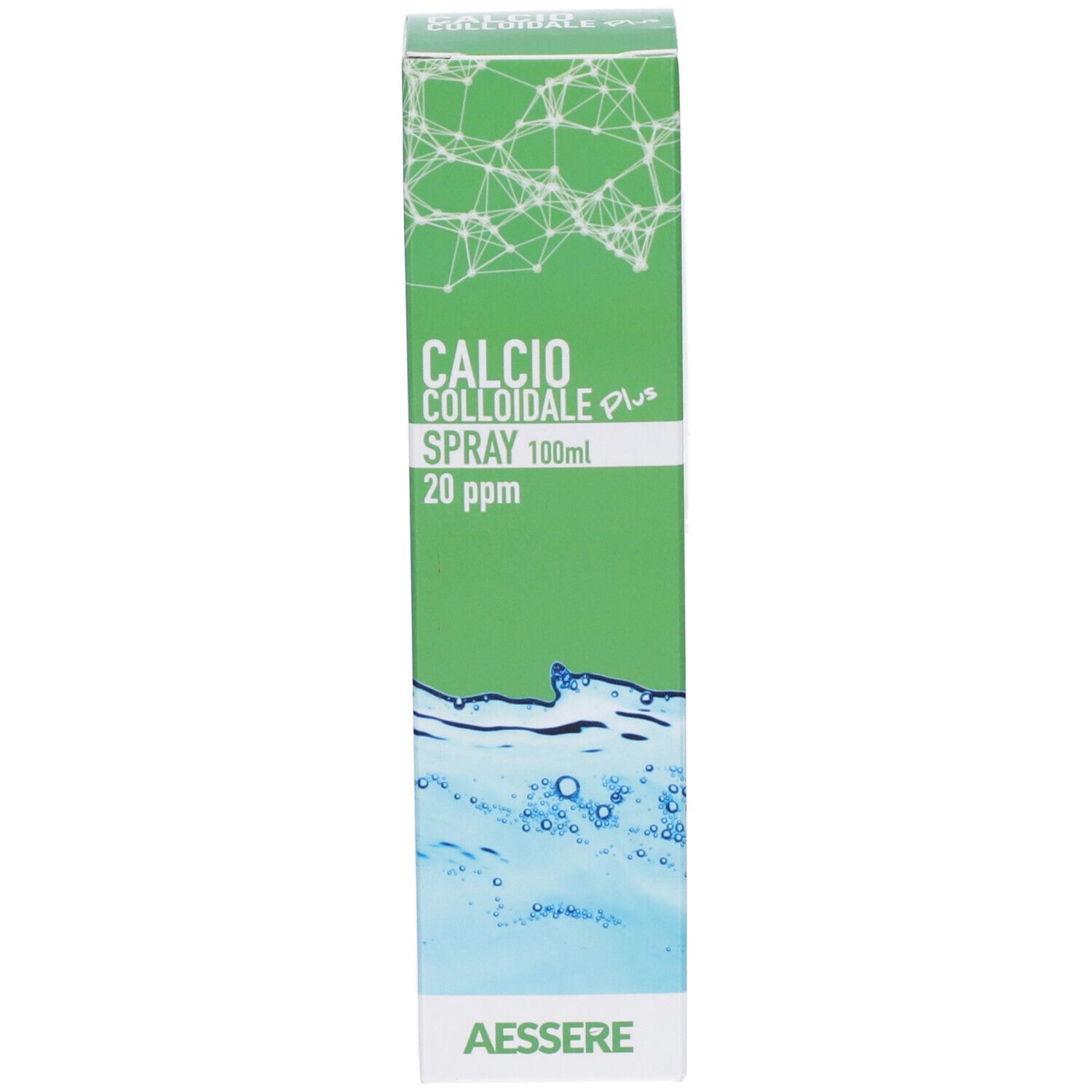 Confezione. Scritta: CALCIO COLLOIDALE plus SPRAY 20 ppm. Marchio AESSERE. Elementi verde-blu.