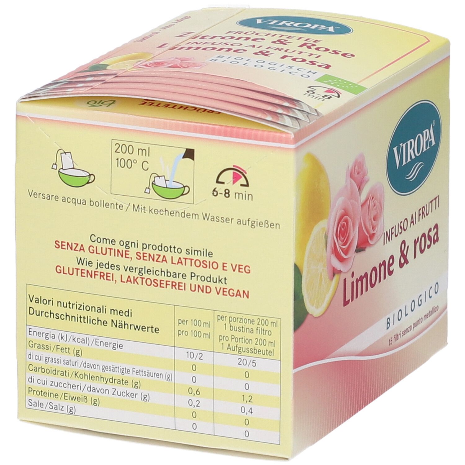 Retro della confezione Viropa Infuso Limone & Rosa Bio Filtri. Informazioni nutrizionali, istruzioni e testo.