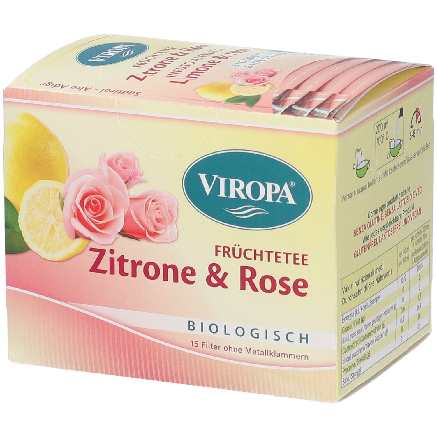 Confezione Viropa Früchtetee Zitrone & Rose Bio. Limone, rose e testo visibili. 15 filtri senza punti metallici.