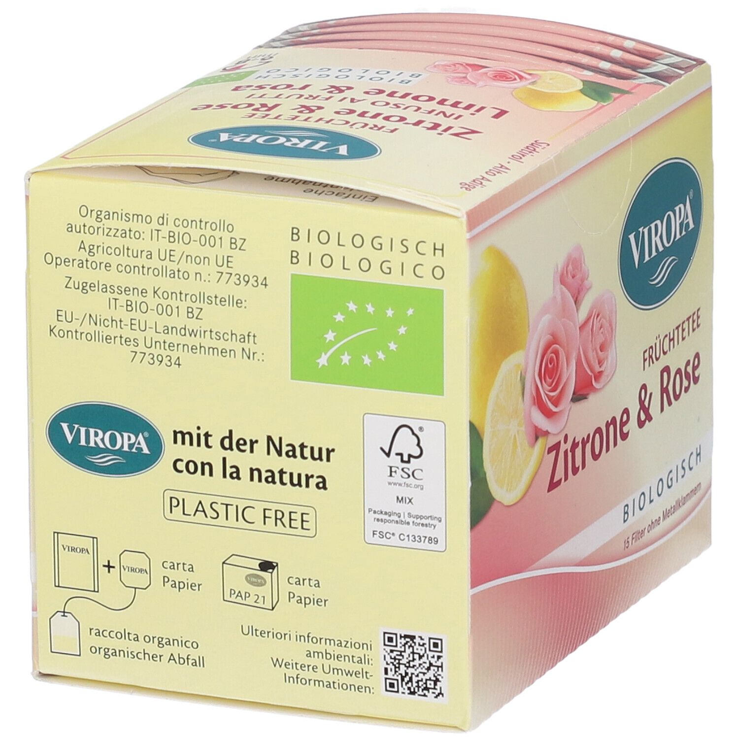 Retro della confezione Viropa Früchtetee Zitrone & Rose Bio. Testo, certificazioni e codice QR.
