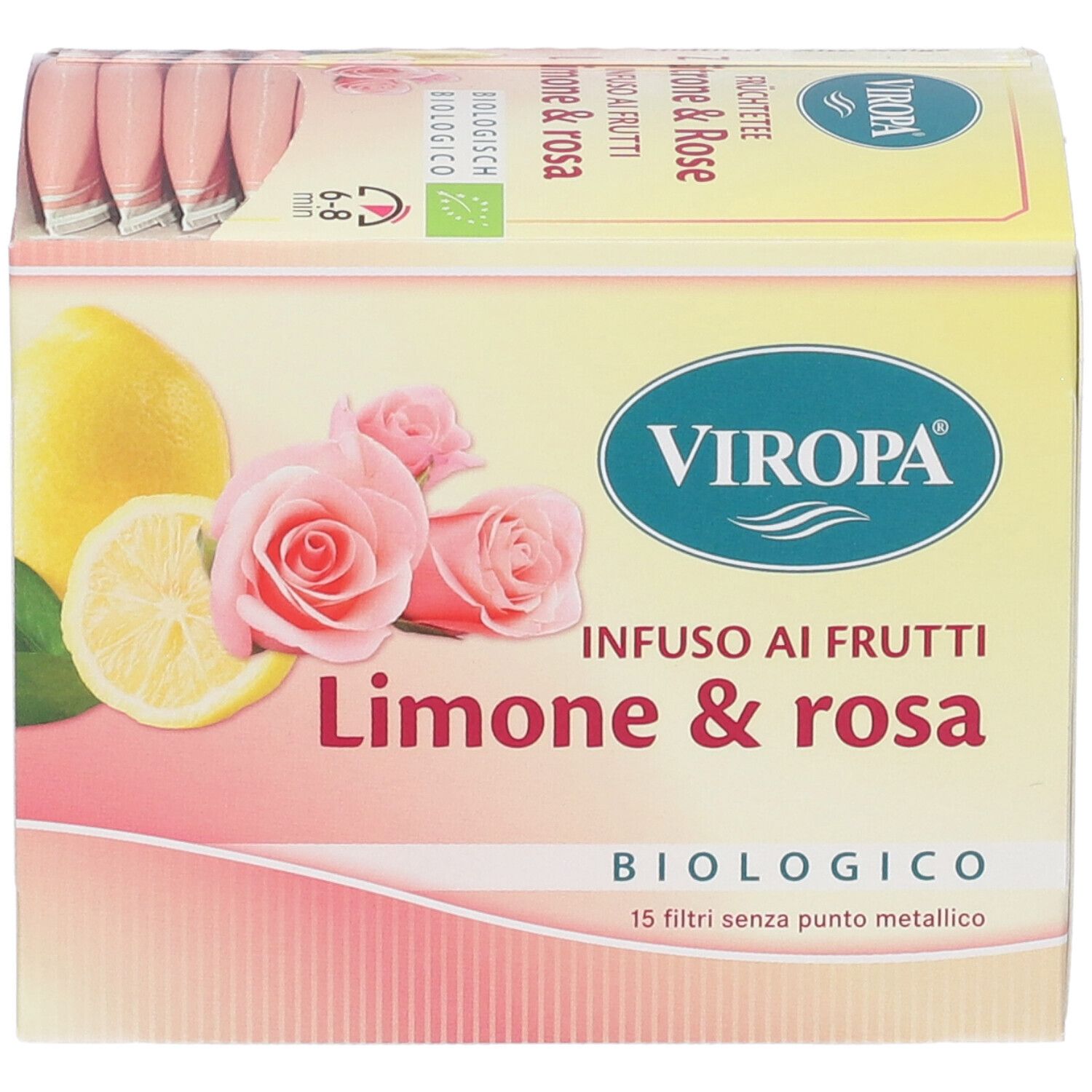 Confezione Viropa Infuso ai Frutti Limone & Rosa Bio. Limone, rose e testo visibili. 15 filtri senza punti metallici.