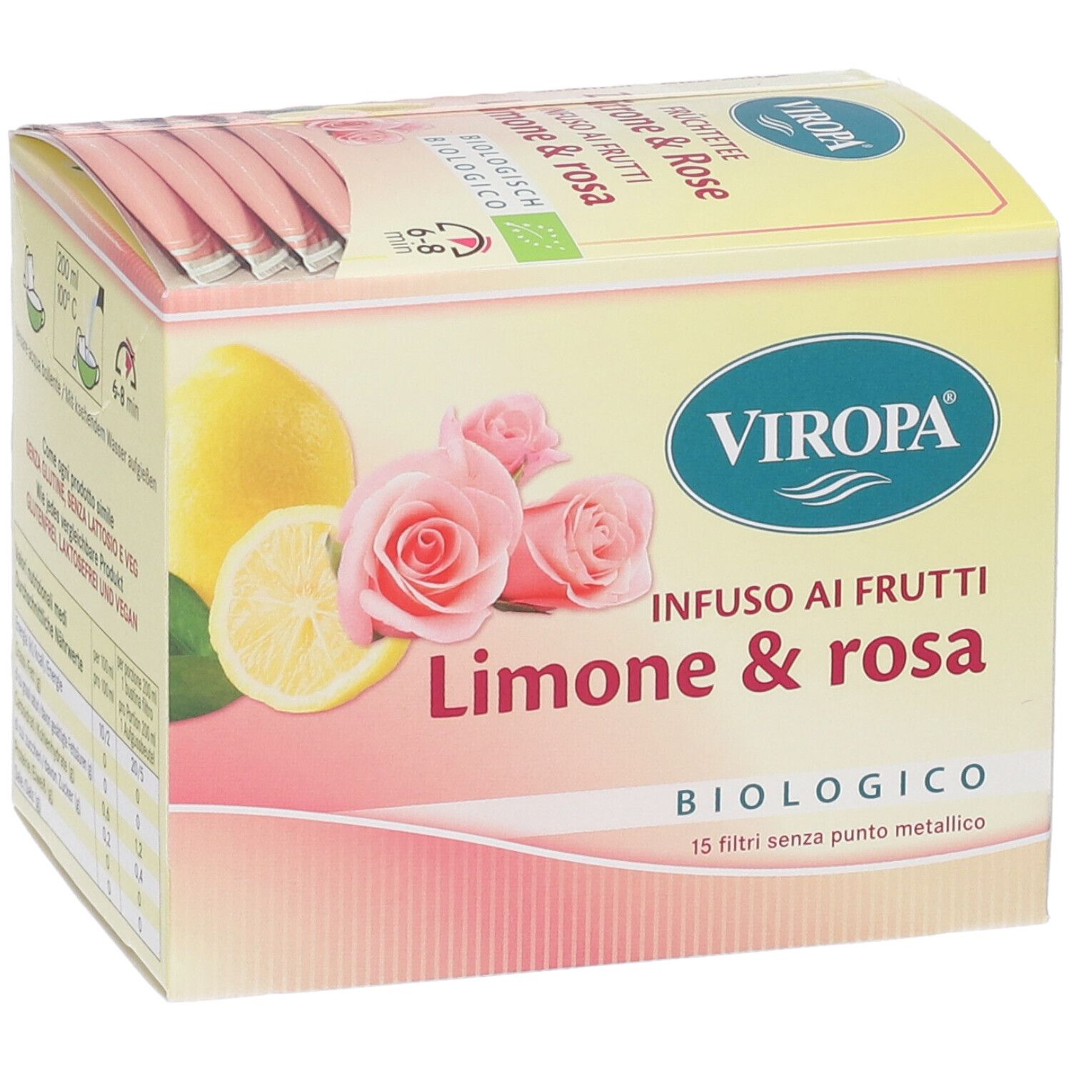Confezione Viropa Infuso ai Frutti Limone & Rosa Bio. Limone, rose e testo visibili. 15 filtri senza punti metallici.