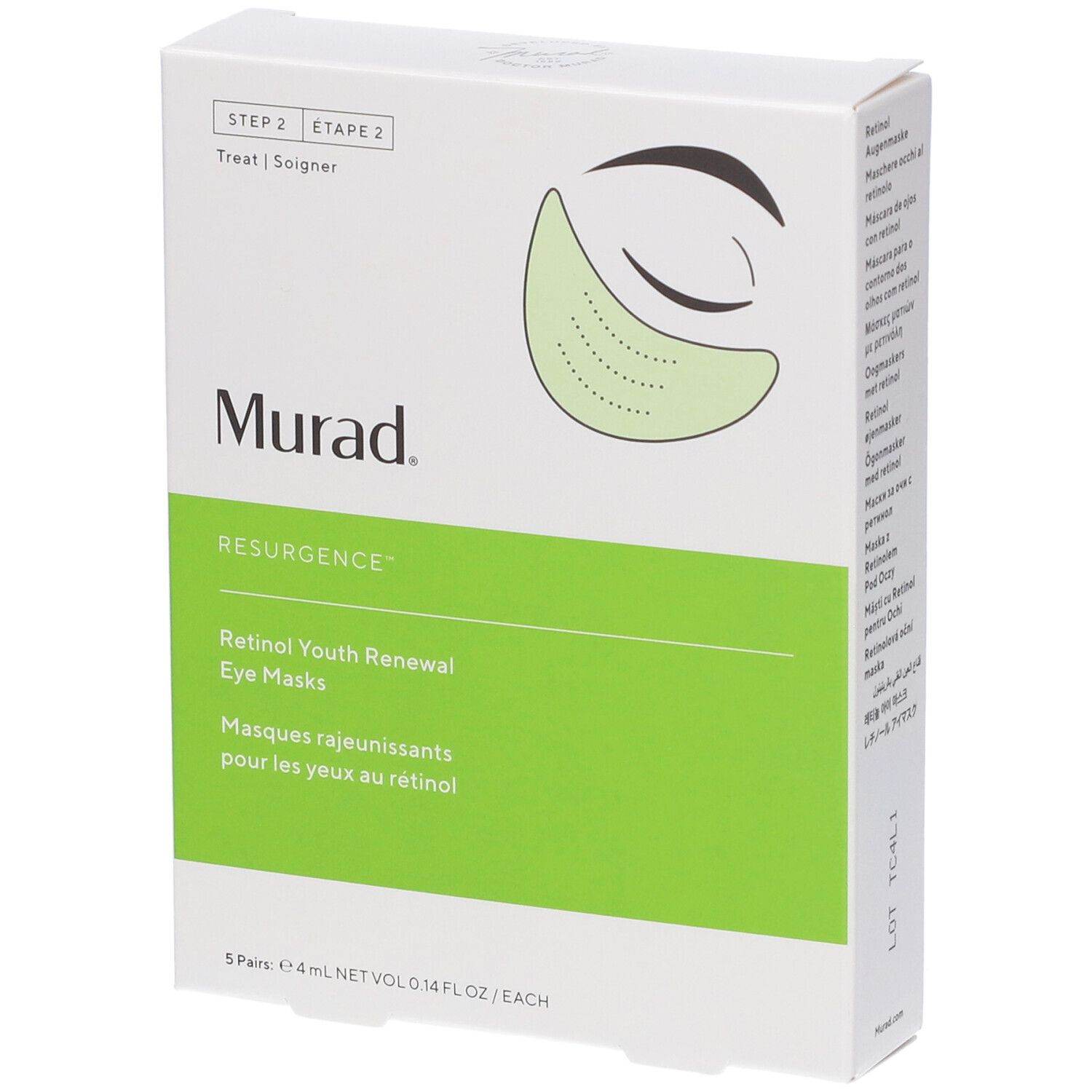 Confezione bianca con riquadro verde. Logo Murad e nome prodotto: Retinol Youth Renewal Eye Masks. 5 paia. Illustrazione maschere occhi.