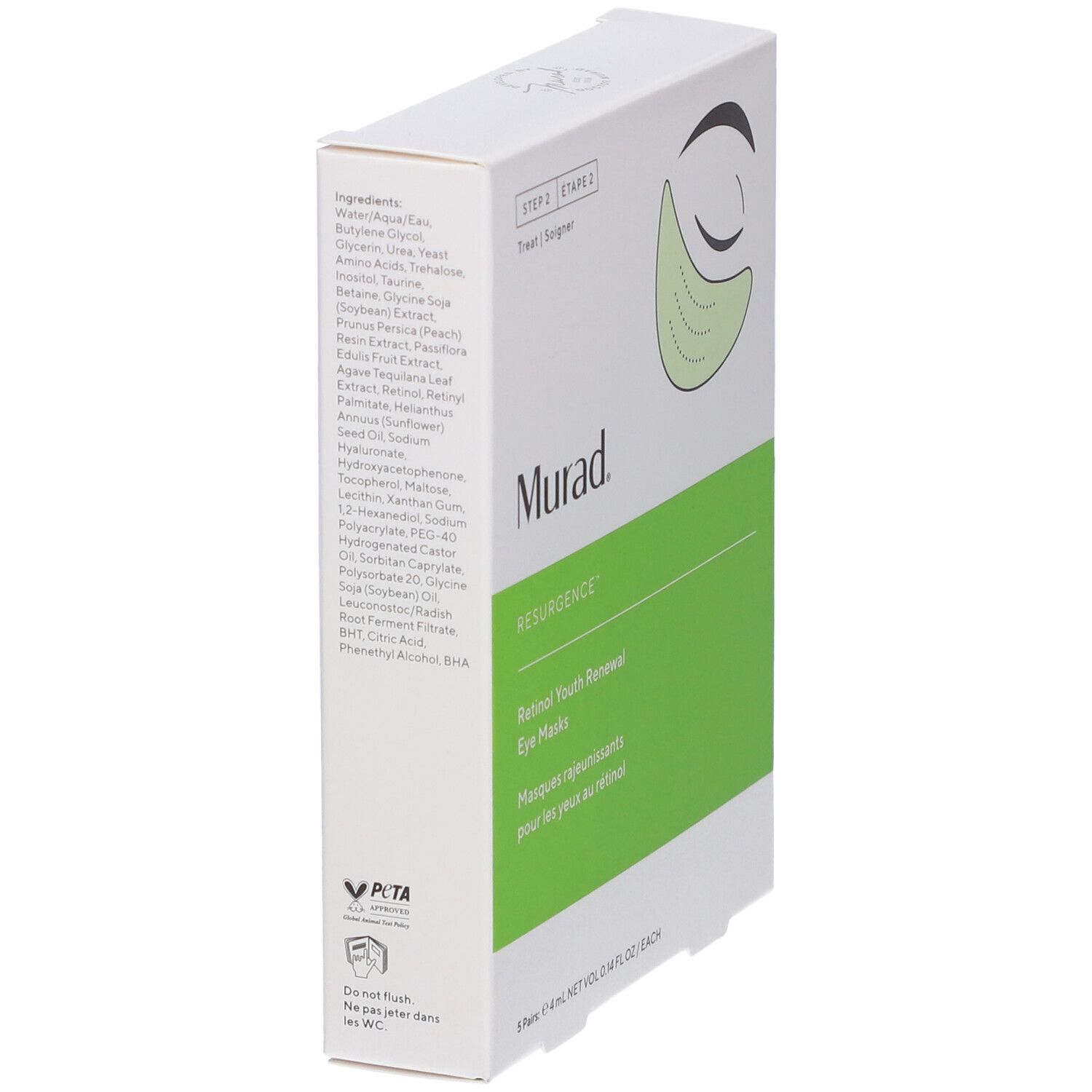 Confezione bianca, vista laterale. Logo Murad e nome prodotto: Retinol Youth Renewal Eye Masks. Ingredienti e istruzioni per l'uso.
