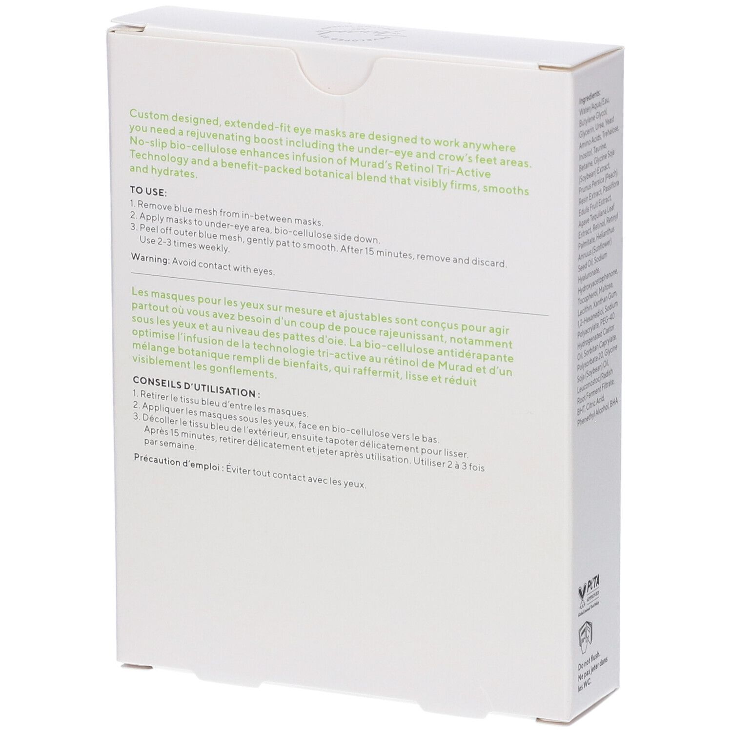 Confezione bianca, retro. Logo Murad e nome prodotto: Retinol Youth Renewal Eye Masks. Informazioni multilingue sul prodotto.