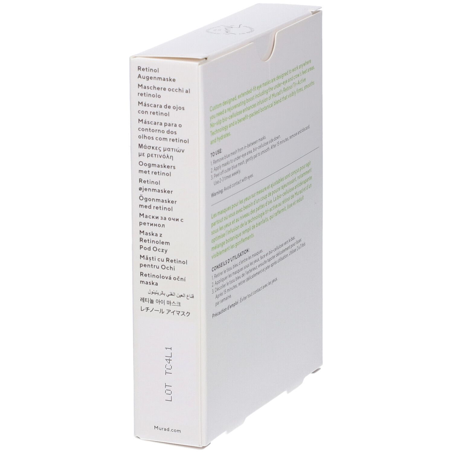 Confezione bianca, vista laterale. Logo Murad e nome prodotto: Retinol Youth Renewal Eye Masks. Informazioni multilingue sul prodotto.