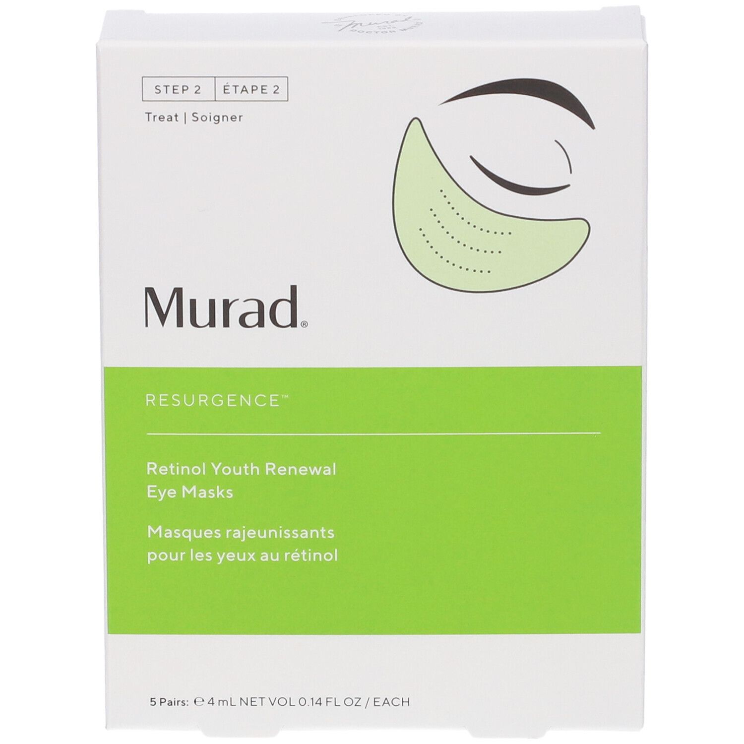 Confezione bianca con riquadro verde. Logo Murad e nome prodotto: Retinol Youth Renewal Eye Masks. 5 paia. Illustrazione maschere occhi.