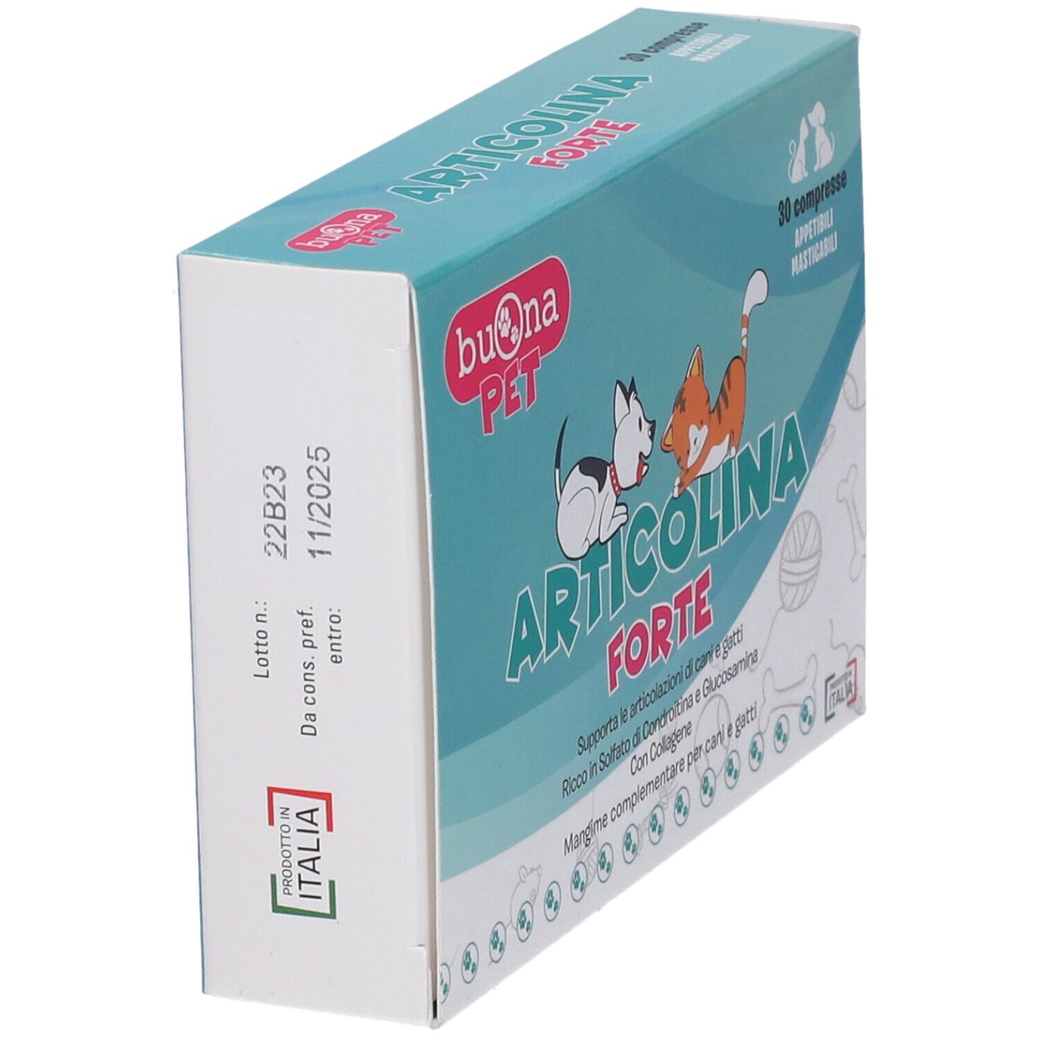 Scatola ARTICOLINA FORTE, angolata. 30 compresse. Marchio: Buona PET. Prodotto in Italia. Data di scadenza.