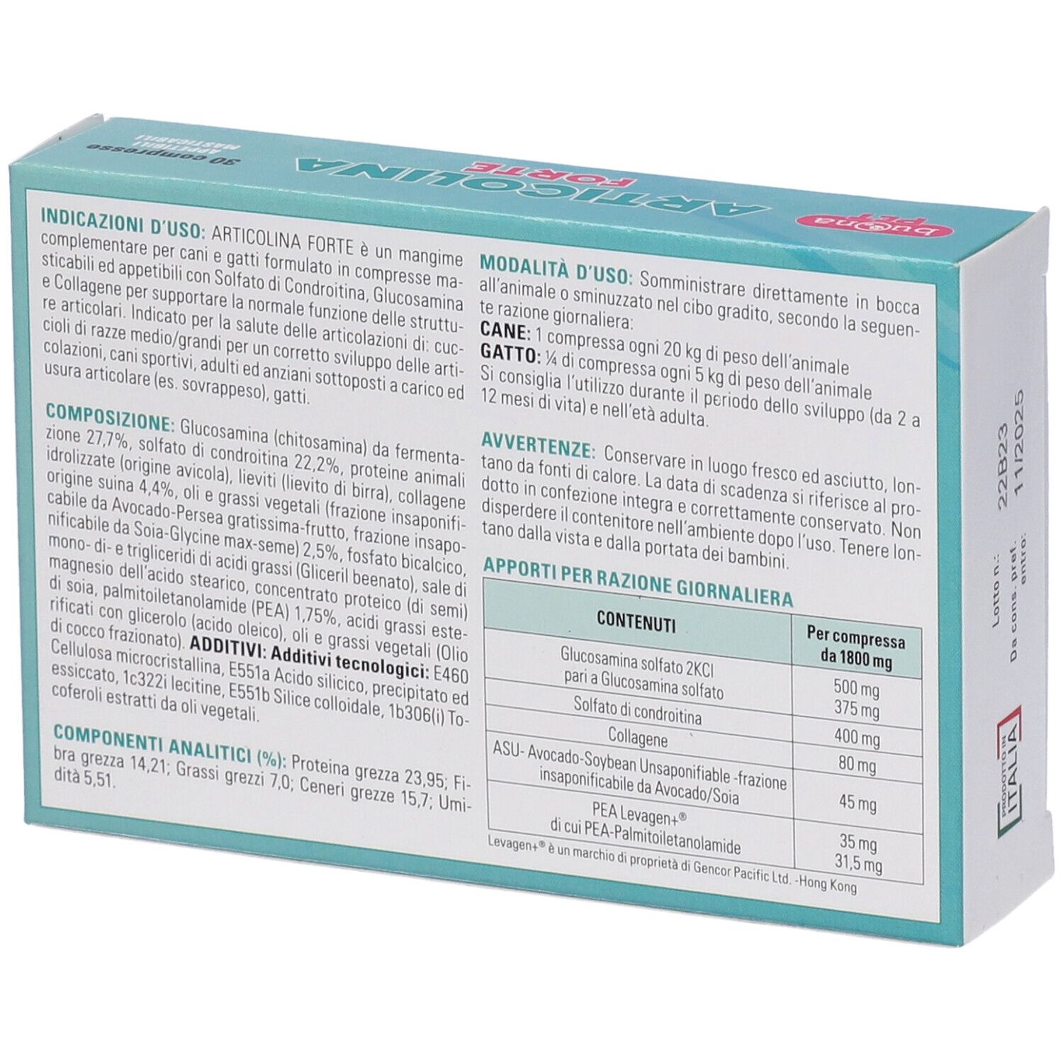Retro della scatola ARTICOLINA FORTE. Testo: ingredienti, istruzioni per l'uso, dosaggio. Marchio: Buona PET.