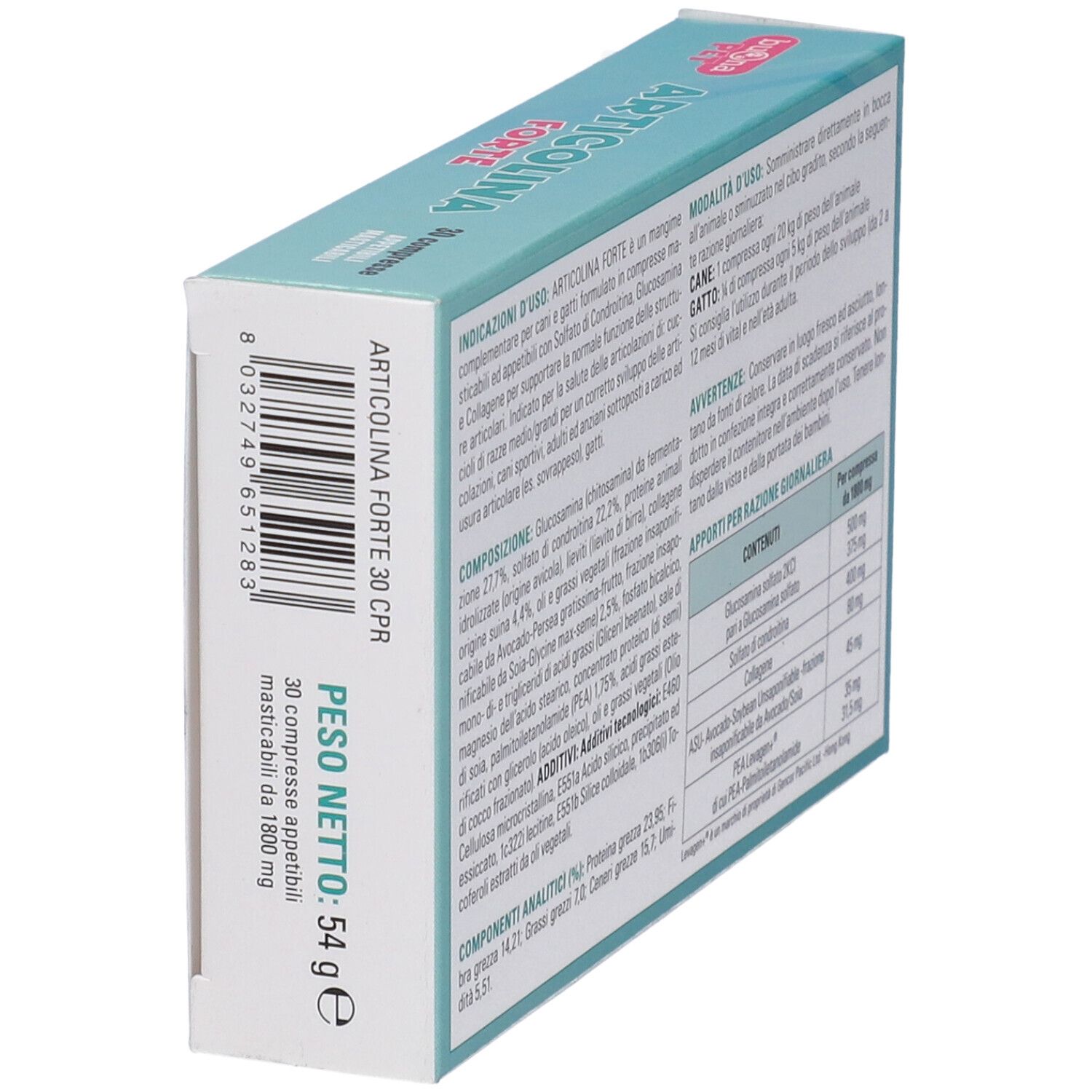 Scatola ARTICOLINA FORTE, angolata. 30 compresse, peso netto 54 g. Marchio: Buona PET.