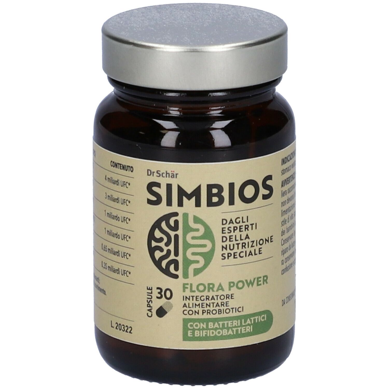 Flacone di vetro marrone con coperchio argentato. Etichetta Simbios Flora Power, 30 capsule, testo in italiano.