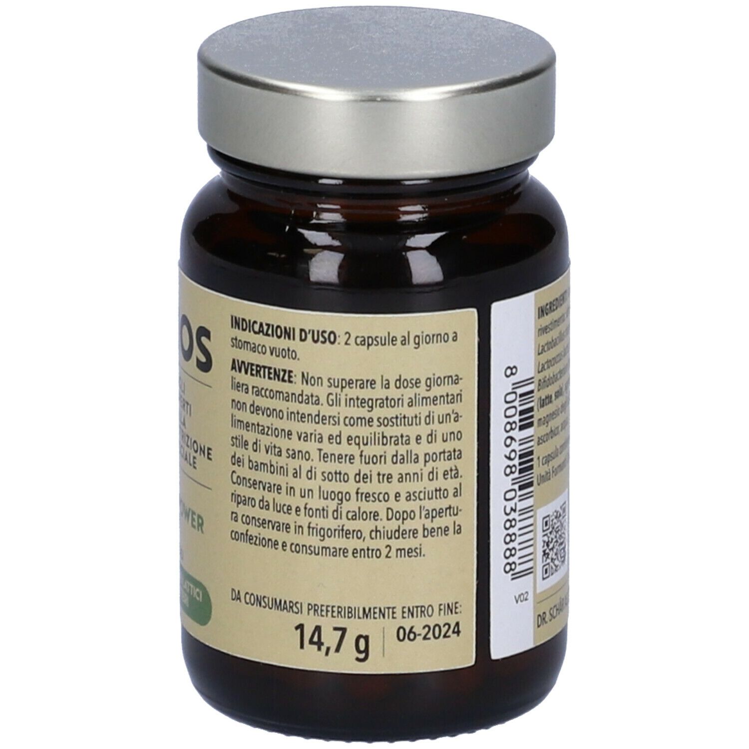 Flacone di vetro marrone con coperchio argentato. Etichetta Simbios Flora Power, 30 capsule, testo in italiano.