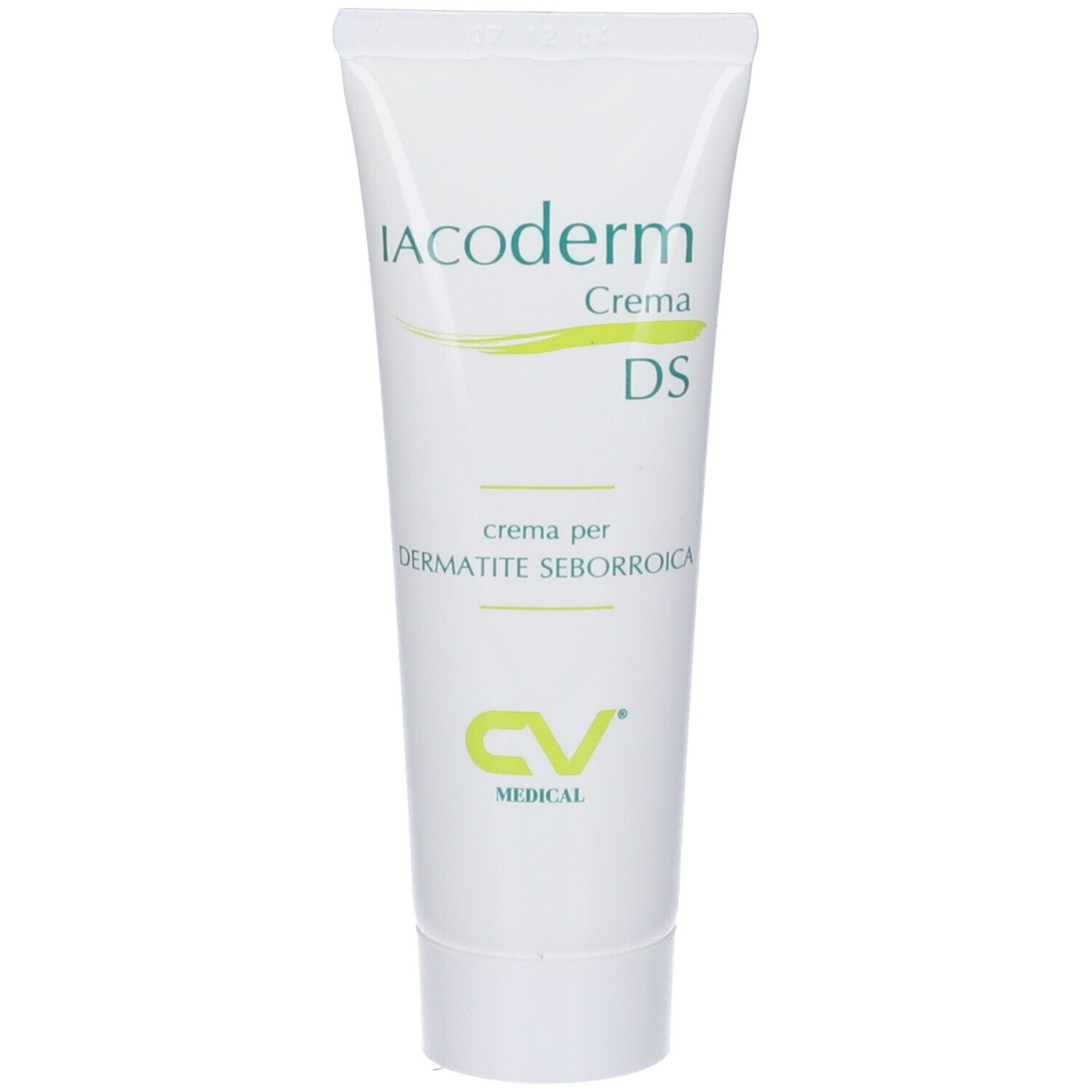 Tubo Iacoderm Crema DS. Tubo bianco con nome del prodotto, logo e scritta 'crema per Dermatite Seborroica'.