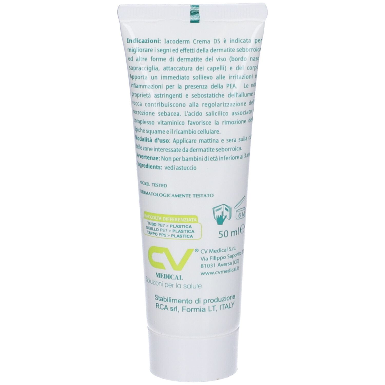 Retro del tubo Iacoderm Crema DS. Testo con informazioni sul prodotto, ingredienti e logo.