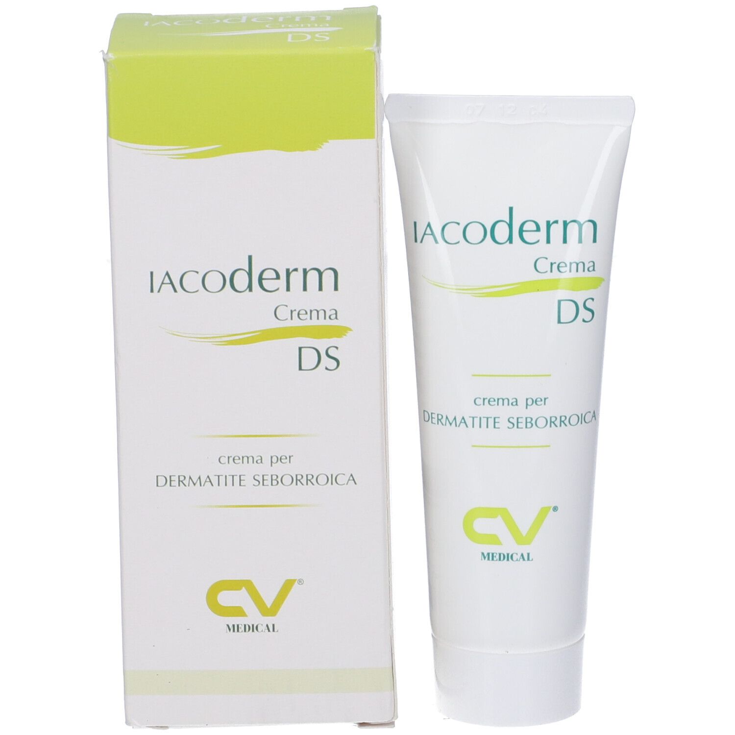 Tubo e scatola Iacoderm Crema DS. Tubo e scatola con nome del prodotto, logo e testo.