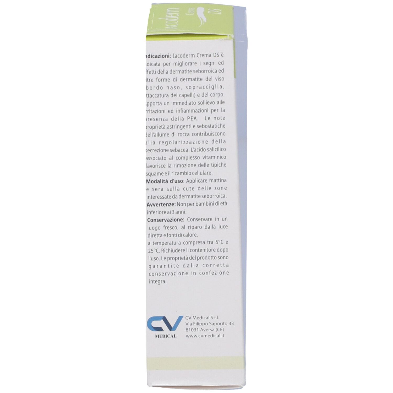 Retro della scatola Iacoderm Crema DS. Testo con informazioni sul prodotto e logo.