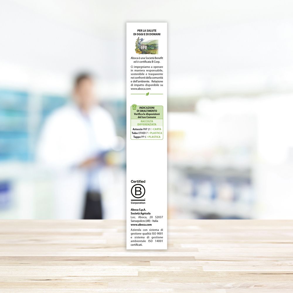 Tubo di "PlantaDol Gel". Bianco, con design blu e verde. Logo Aboca.