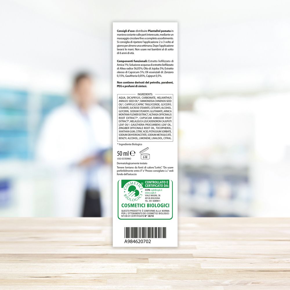 Retro confezione PlantaDol. Testo italiano. Ingredienti e certificazioni.