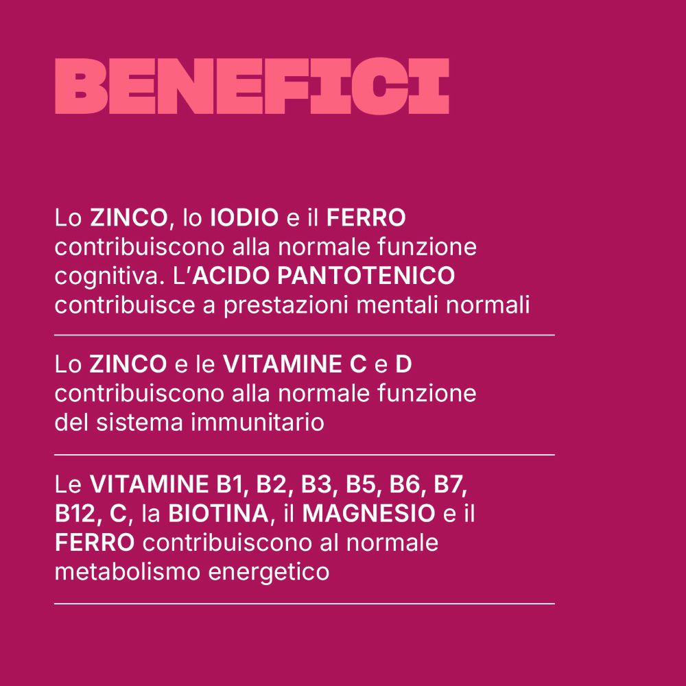 Testo su sfondo rosa: benefici di zinco, iodio, ferro, acido pantotenico, vitamine C, D, B1-B12, biotina, magnesio.