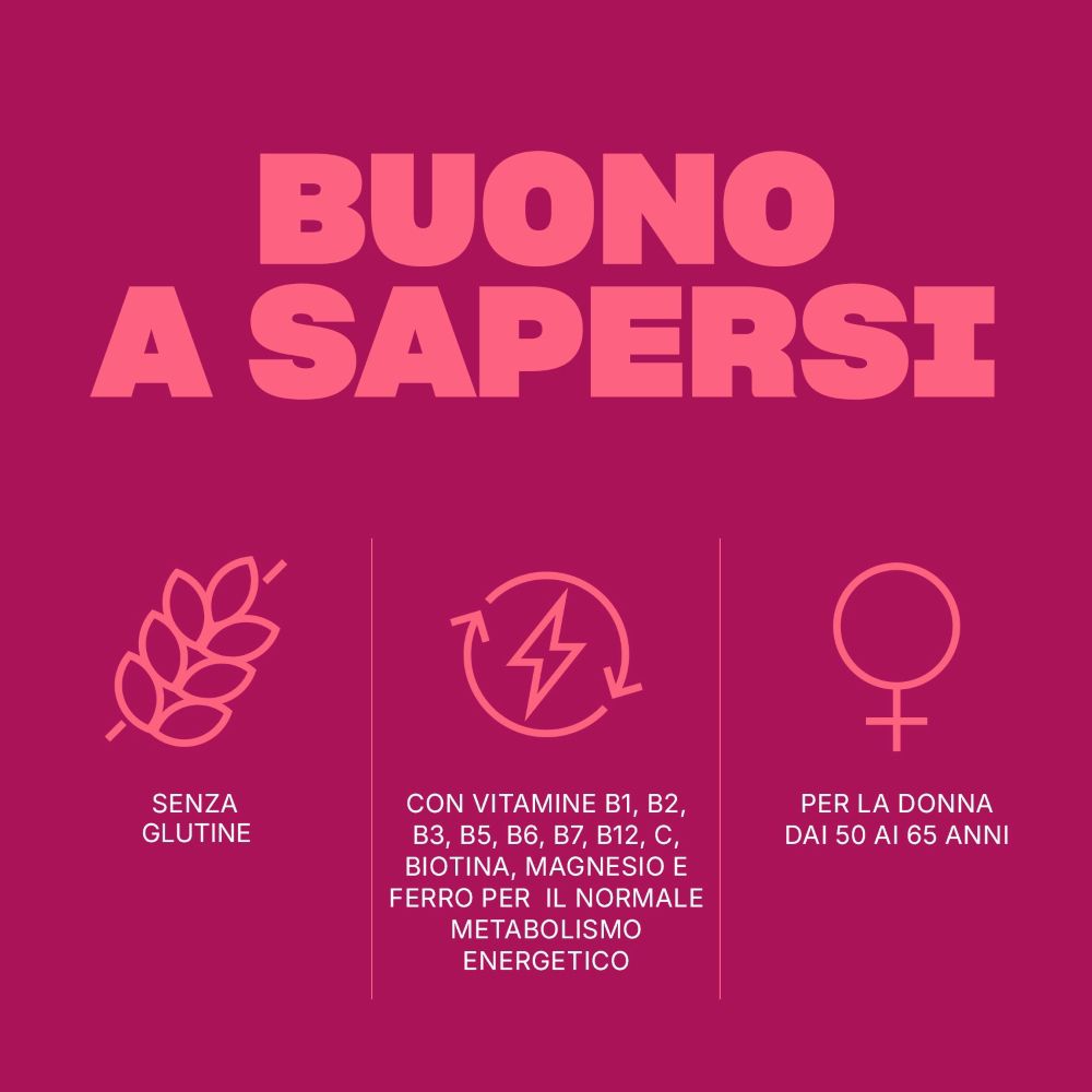 Testo su sfondo rosa: Senza glutine, vitamine B1-B12, biotina, magnesio, ferro per il normale metabolismo energetico.