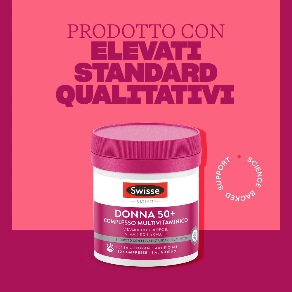 Confezione del prodotto Swisse Multivitaminico Completo Donna 50+ e Minerali Compresse. Design rosa-bianco, nome del prodotto.