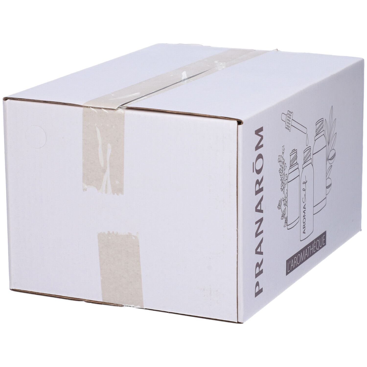 Scatola bianca con stampa. Stampa: PRANARÔM e illustrazione di flaconi. Testo: AROMA Self, L'AROMATHÈQUE.