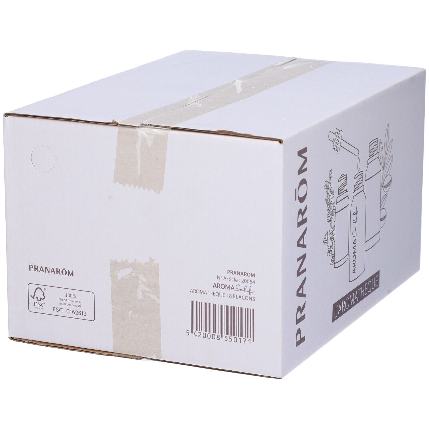 Scatola bianca con stampa. Stampa: PRANARÔM, illustrazione di flaconi. Testo: AROMA Self, L'AROMATHÈQUE. Testo e codice a barre aggiuntivi.