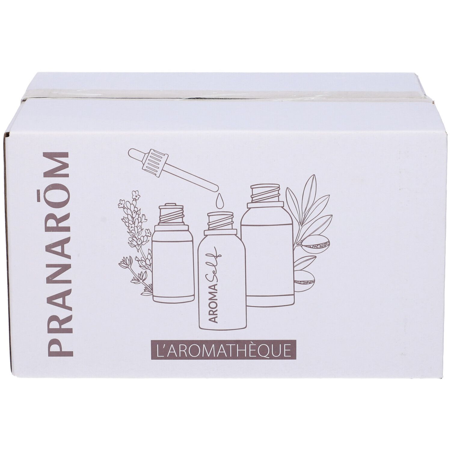 Scatola bianca con stampa. Stampa: PRANARÔM, illustrazione di flaconi e contagocce. Testo: AROMA Self, L'AROMATHÈQUE.