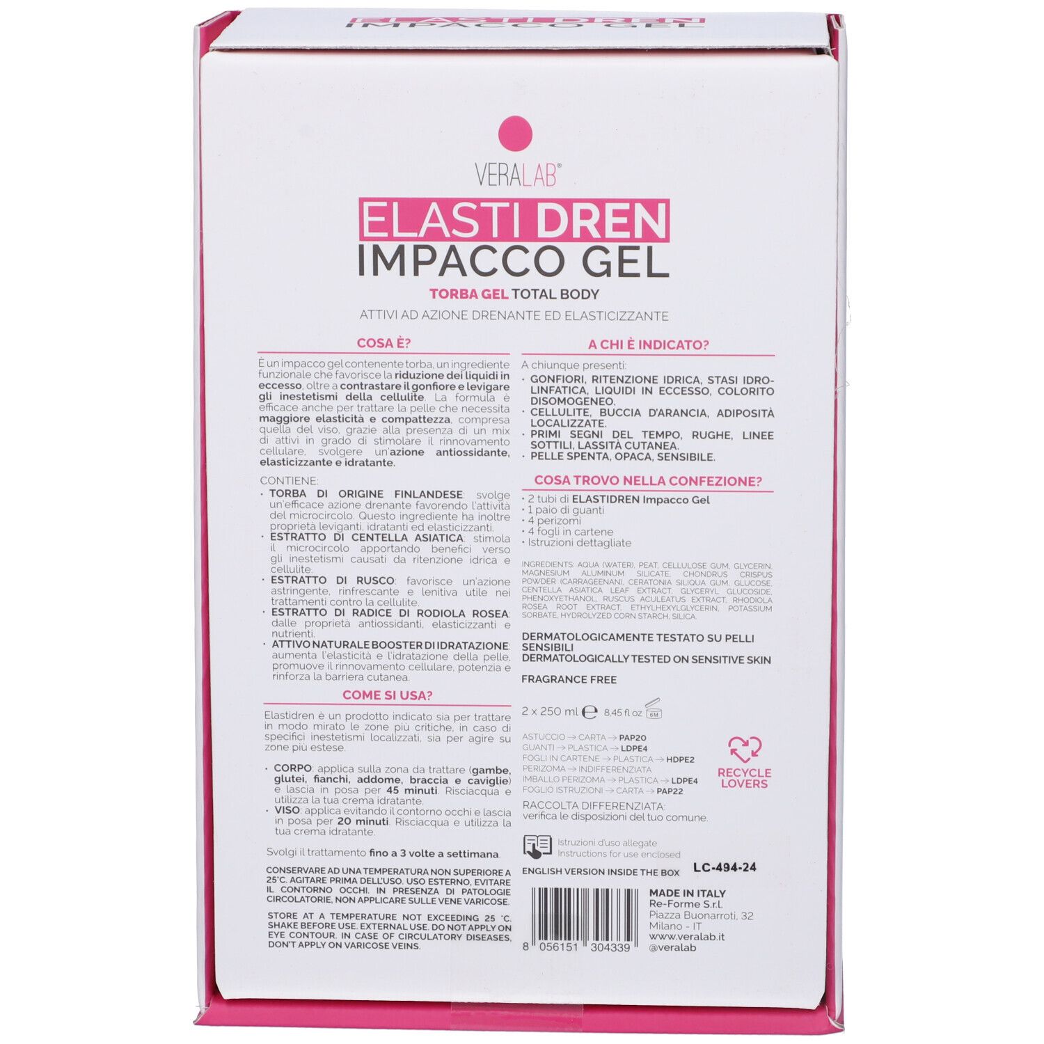 Retro della confezione con testo e ingredienti. Logo: VERALAB. Testo: ELASTIDREN IMPACCO GEL. Dermatologicamente testato.