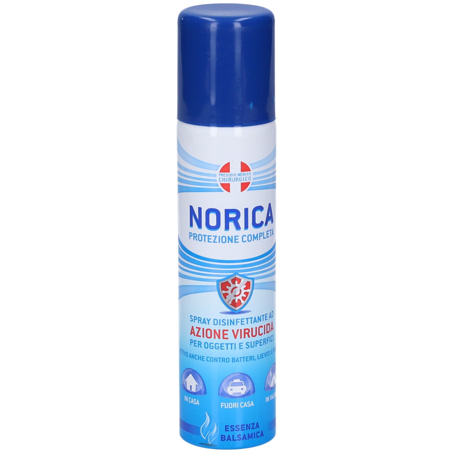Spray disinfettante Norica con tappo blu. Scritta: Protezione Completa. Essenza Balsamica.