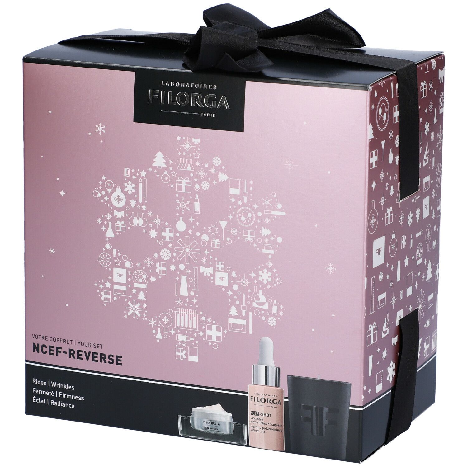 Confezione regalo con fiocco. Logo FILORGA. Scritta: NCEF-REVERSE. Prodotti: siero, crema, contenitore nero.