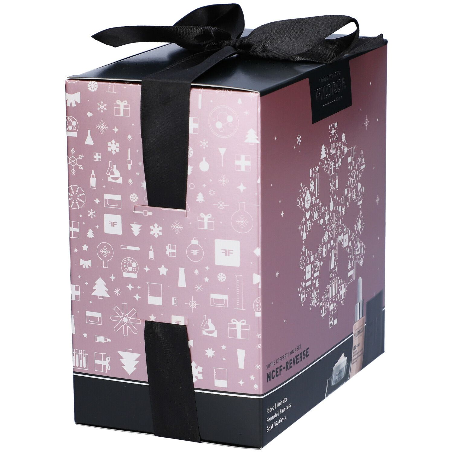 Confezione regalo con fiocco. Logo FILORGA. Scritta: NCEF-REVERSE. Prodotti: siero, crema, contenitore nero.