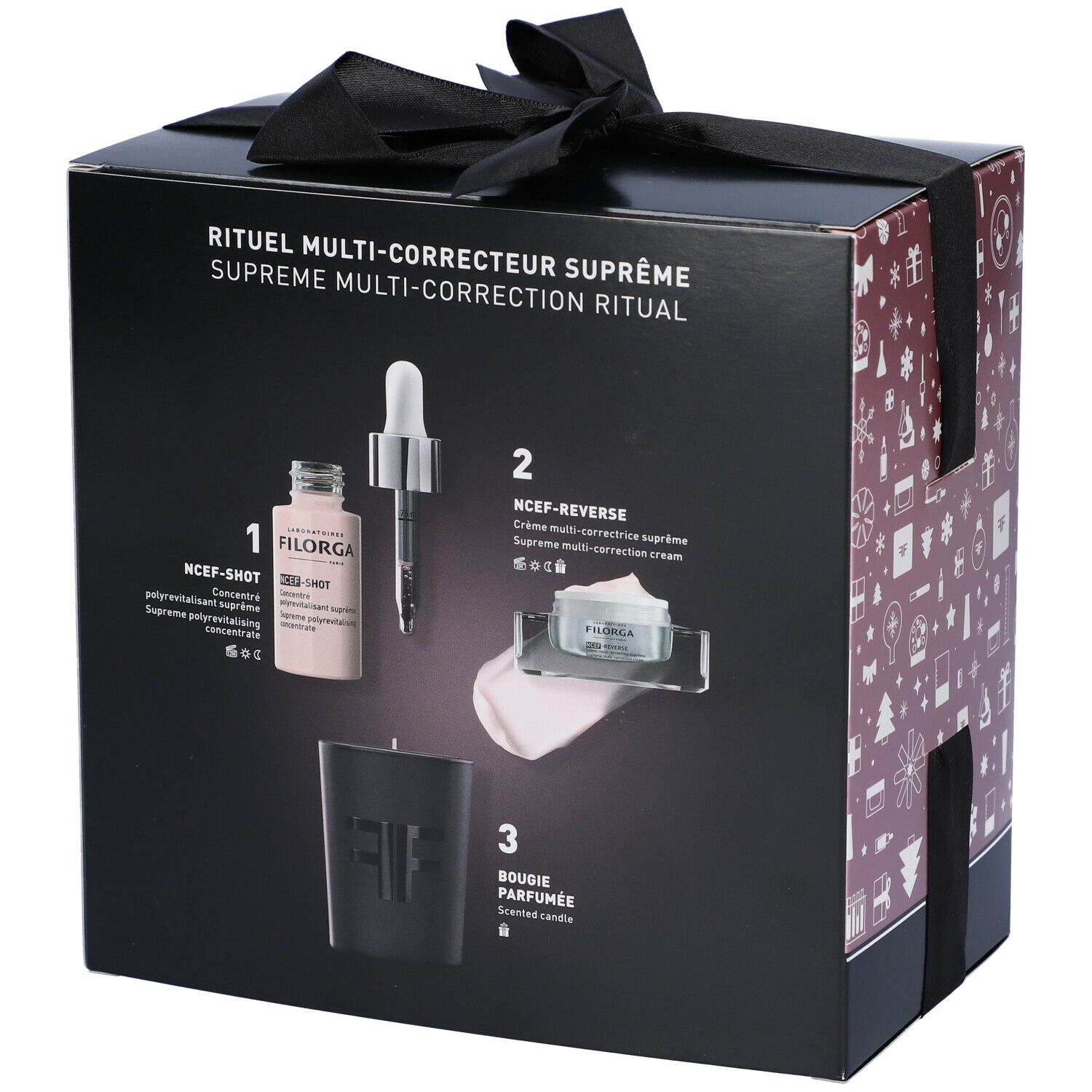 Confezione regalo con fiocco. Retro con illustrazioni dei prodotti. Prodotti: siero, crema, candela profumata.