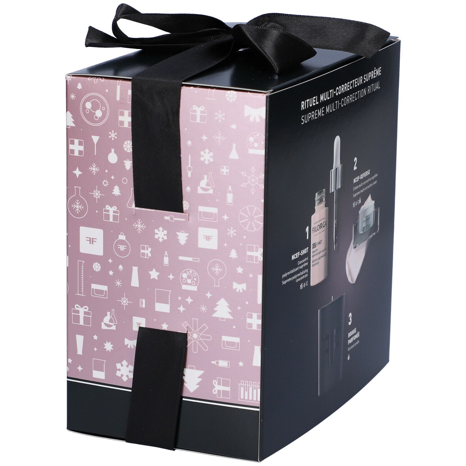 Confezione regalo con fiocco. Retro con illustrazioni dei prodotti. Prodotti: siero, crema, candela profumata.