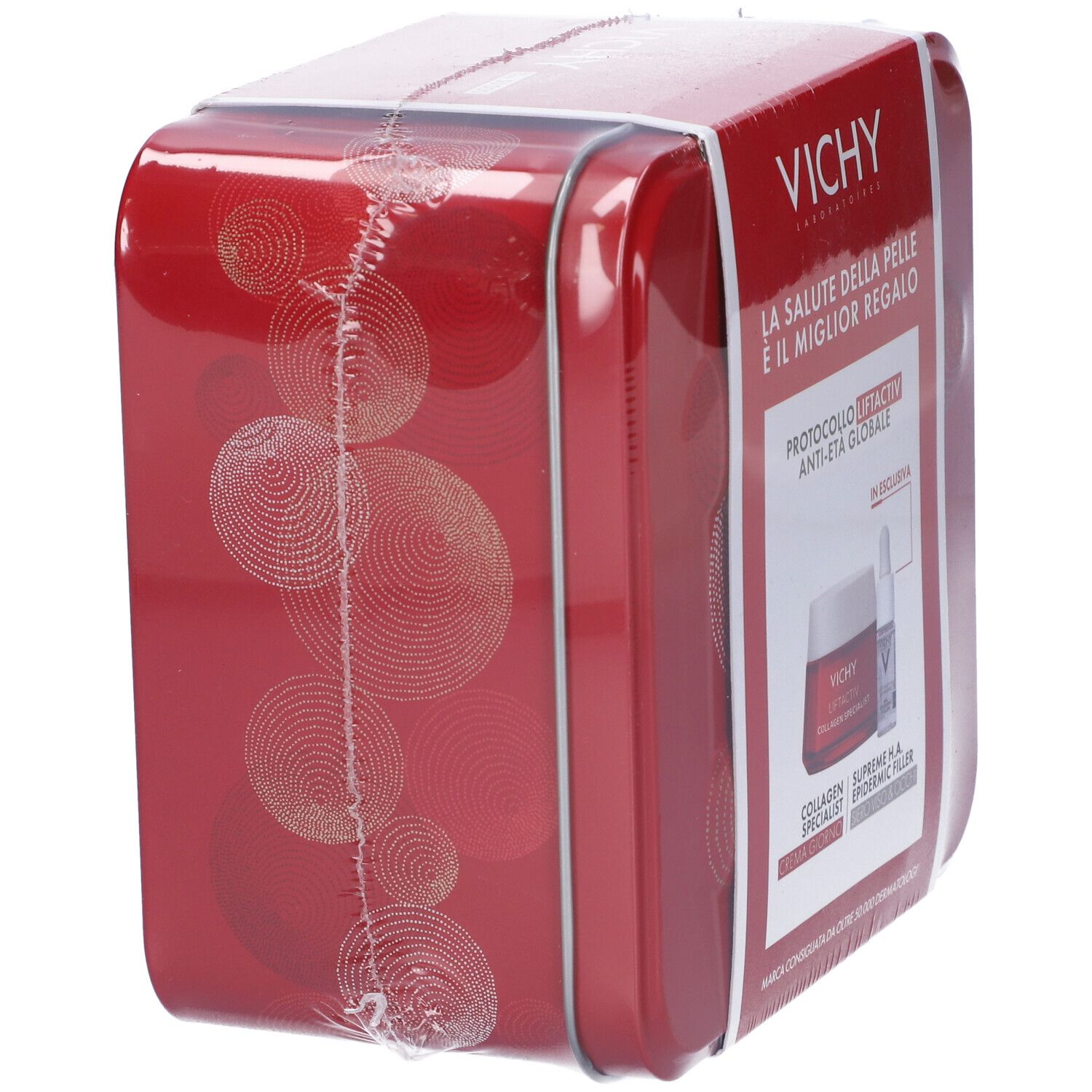 Confezione regalo Vichy rossa con motivo a cerchi. Contiene una crema e un siero.