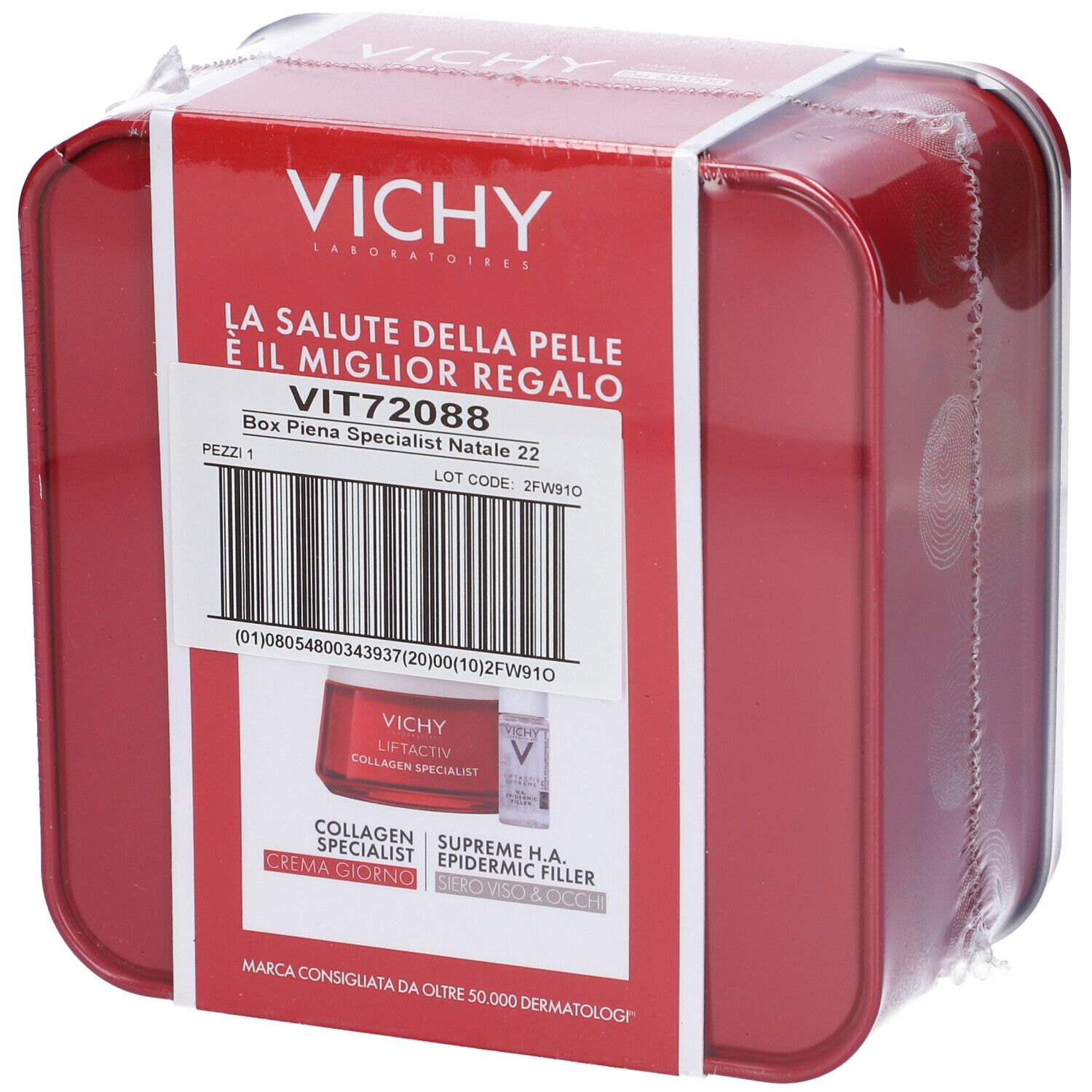 Scatola regalo Vichy rossa con prodotti per la cura della pelle, scritta "La Salute della Pelle è il Miglior Regalo".