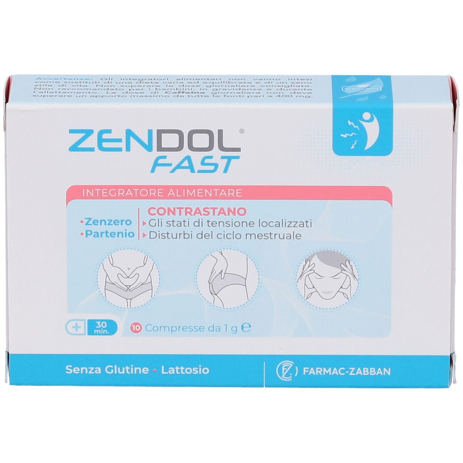 Scatola Zendol Fast. Scritto: 10 compresse da 1 g. Senza glutine e lattosio.