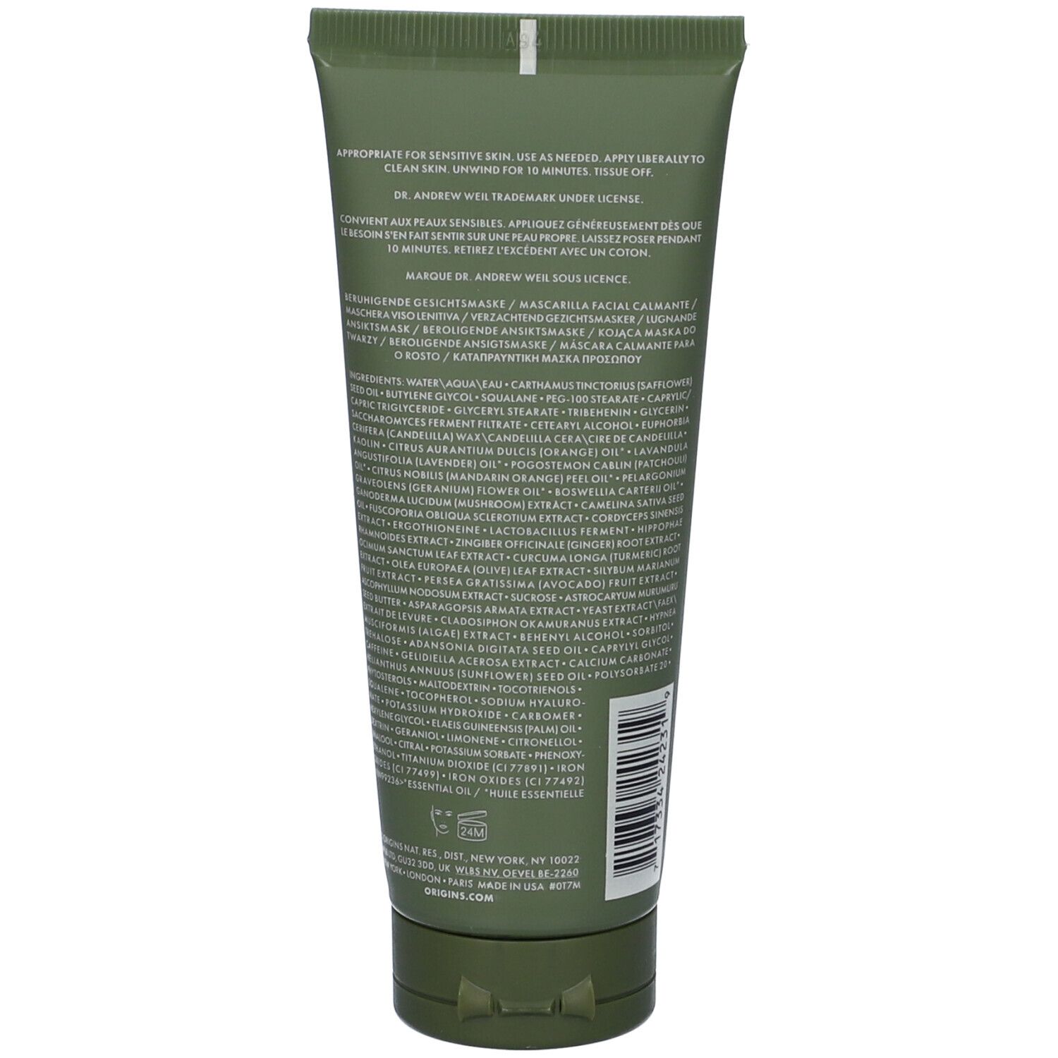 Retro del tubo verde. Testo con ingredienti e istruzioni. Codice a barre in basso.