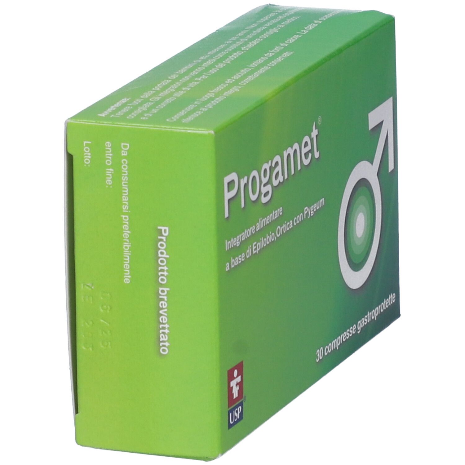 Scatola "Progamet" verde, vista laterale. Nome del prodotto, logo e simbolo maschile visibili.