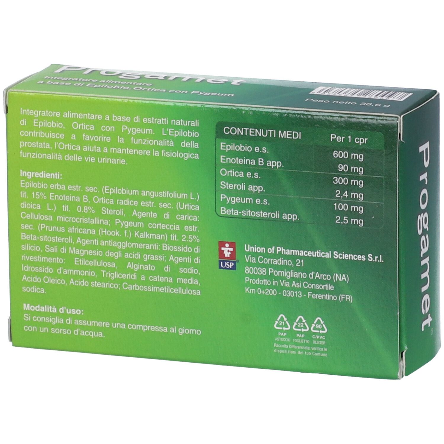 Retro della scatola "Progamet". Ingredienti, dosaggio e informazioni del produttore elencati.