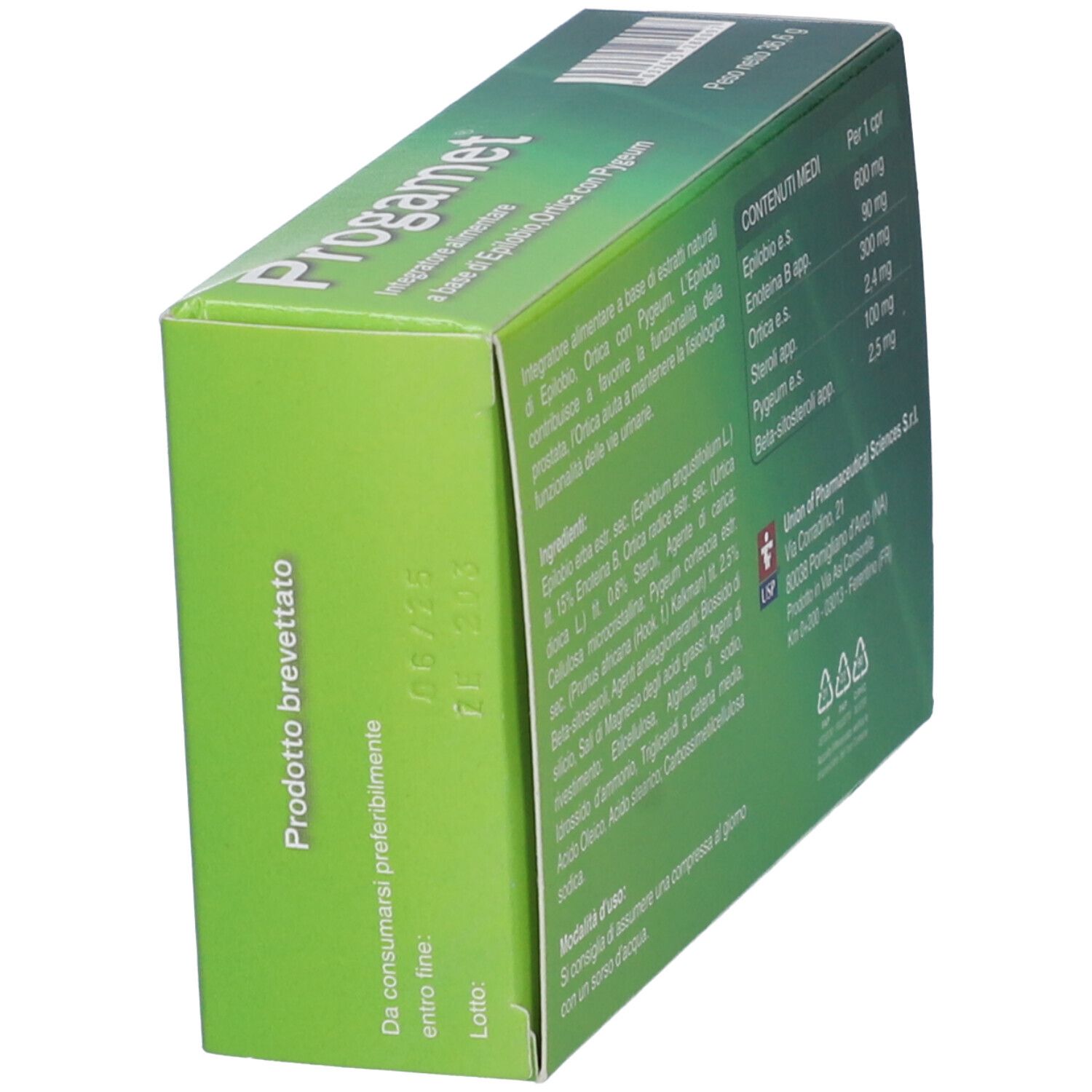 Vista laterale della scatola "Progamet". Nome del prodotto, logo e testo visibili.