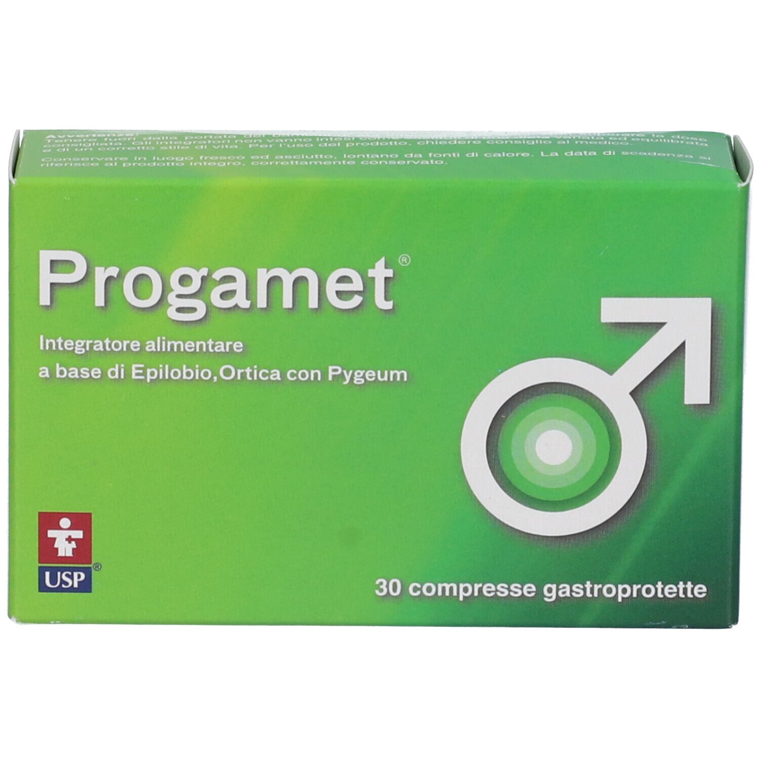 Scatola verde "Progamet" con nome del prodotto, logo e simbolo maschile. 30 compresse.