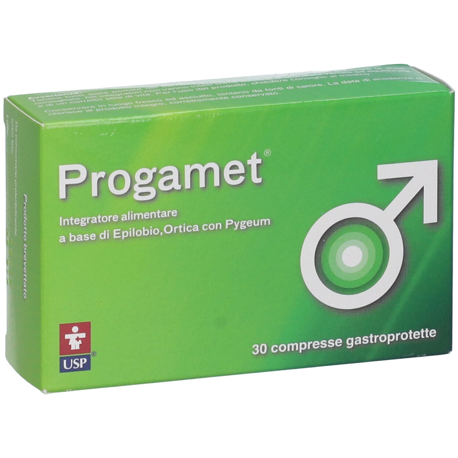 Scatola verde "Progamet" con nome del prodotto, logo e simbolo maschile. 30 compresse.