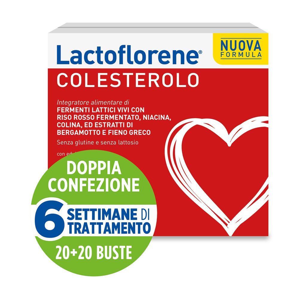 Lactoflorene® Colesterolo. Confezione rossa e bianca con nome e cuore. 20+20 bustine, 6 settimane.