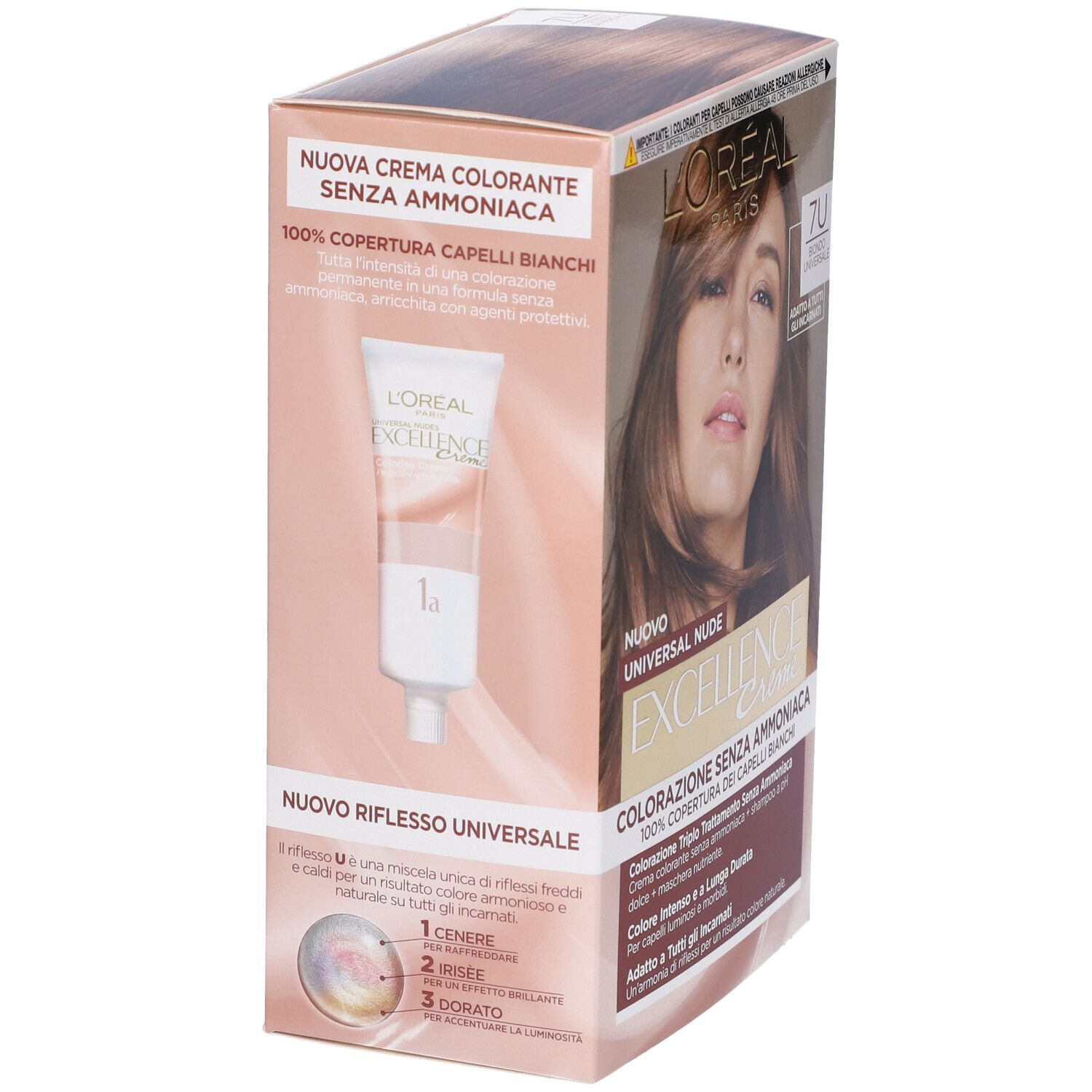 L’Oréal Paris Colorazione Permanente Excellence Universal Nude, Senza Ammoniaca, Con Riflesso Universale, Adatto a Tutti gli Incarnati, Colore Intenso a Lunga Tenuta, Biondo 7u