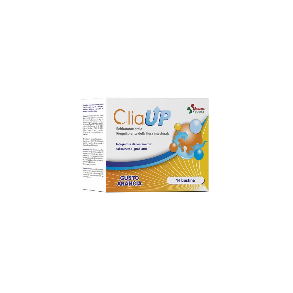 Confezione di CliaUP. 14 bustine. Gusto arancia. Reidratante orale e riequilibrante flora intestinale.
