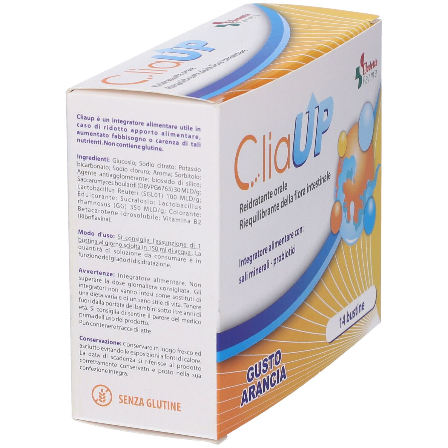 Confezione CliaUP. 14 bustine. Gusto arancia. Reidratante orale e riequilibrante. Budetta Farma.